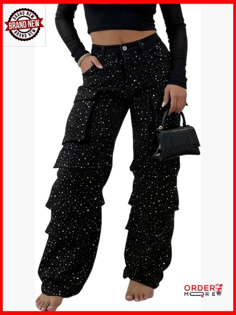 High Waisted Straight Leg Cargo Jeans with Rhinestones, Polyester Blend